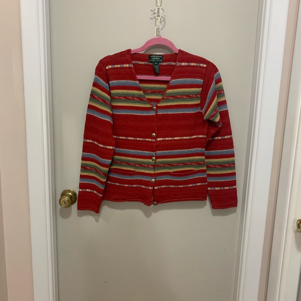 Vintage Lauren Ralph Lauren Hand Knit Women's Red Striped Sweater